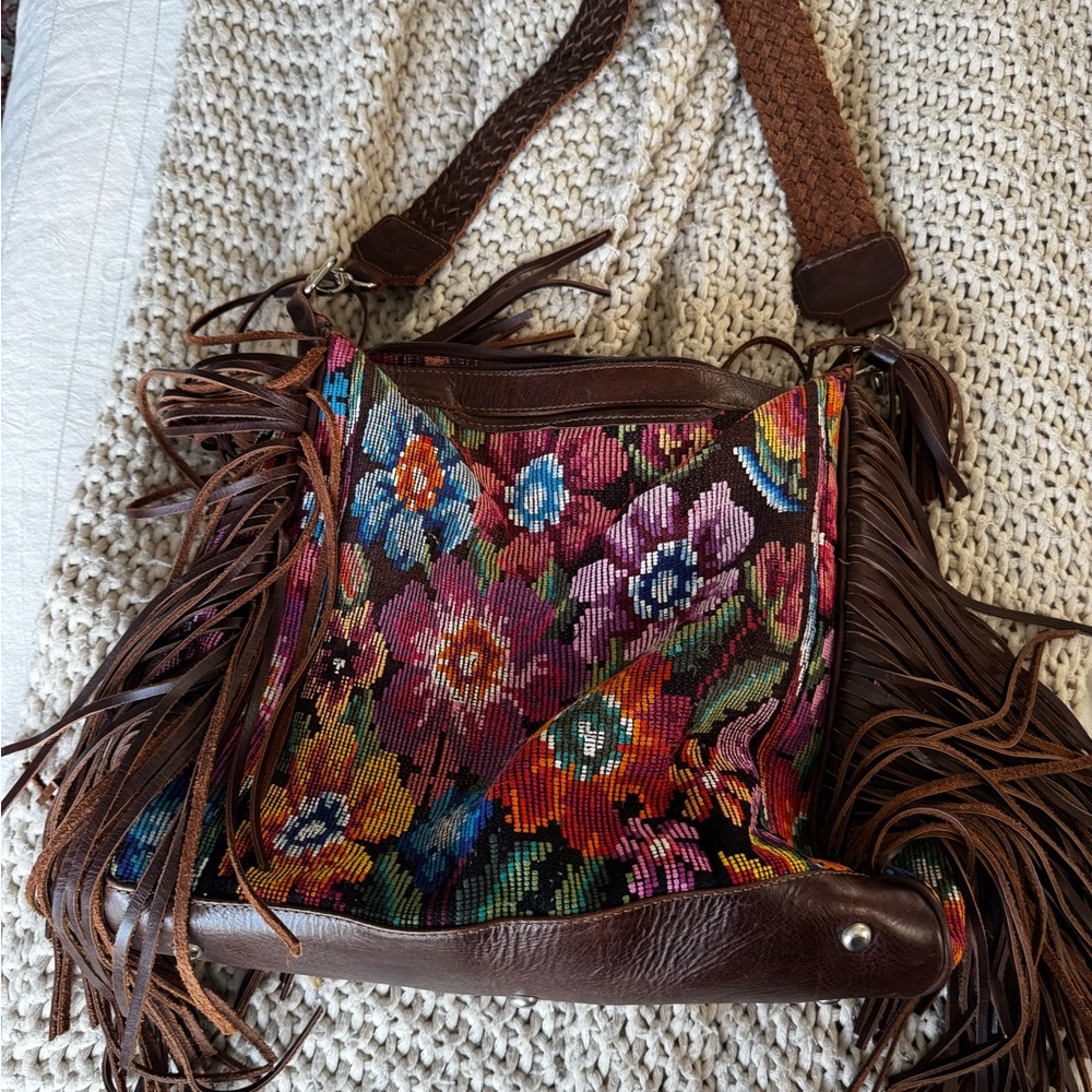 Moon water and Co Floral Fringe Brown huipil Leather Bag
